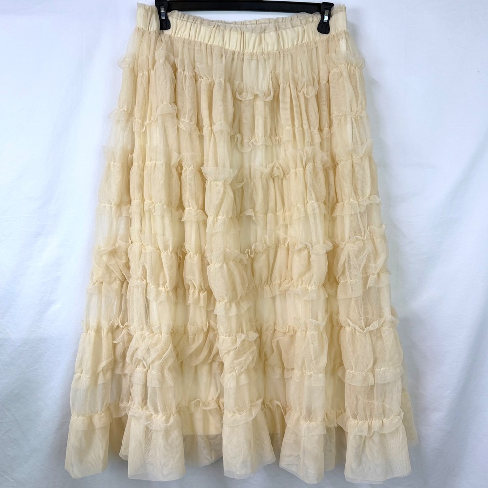 Romantic Coquette Fairy Cream Sheer Lace Tulle Ruffle Tiered Maxi Skirt Large
